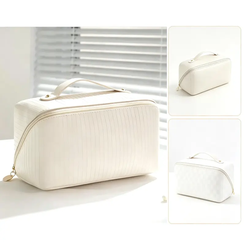 Custom Vertical Strip PU Leather Travel Makeup Bag Wholesale