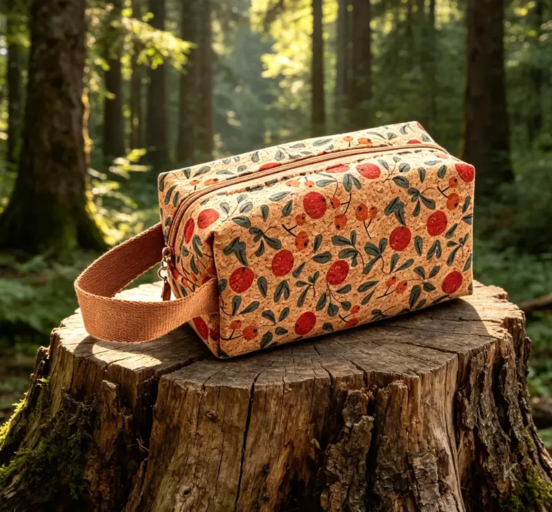 Wholesale Natural Floral Printed Cork Cosmetic Bag, Portable Zipper Makeup Pouch