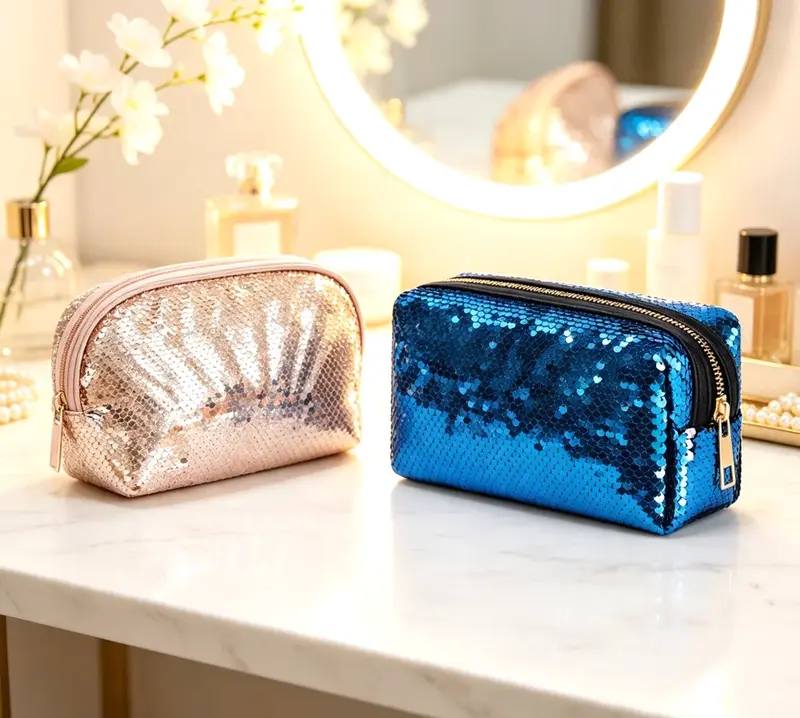 Wholesale Reversible Sequin Makeup Bag, Sparkly Portable Travel Cosmetic Pouch C