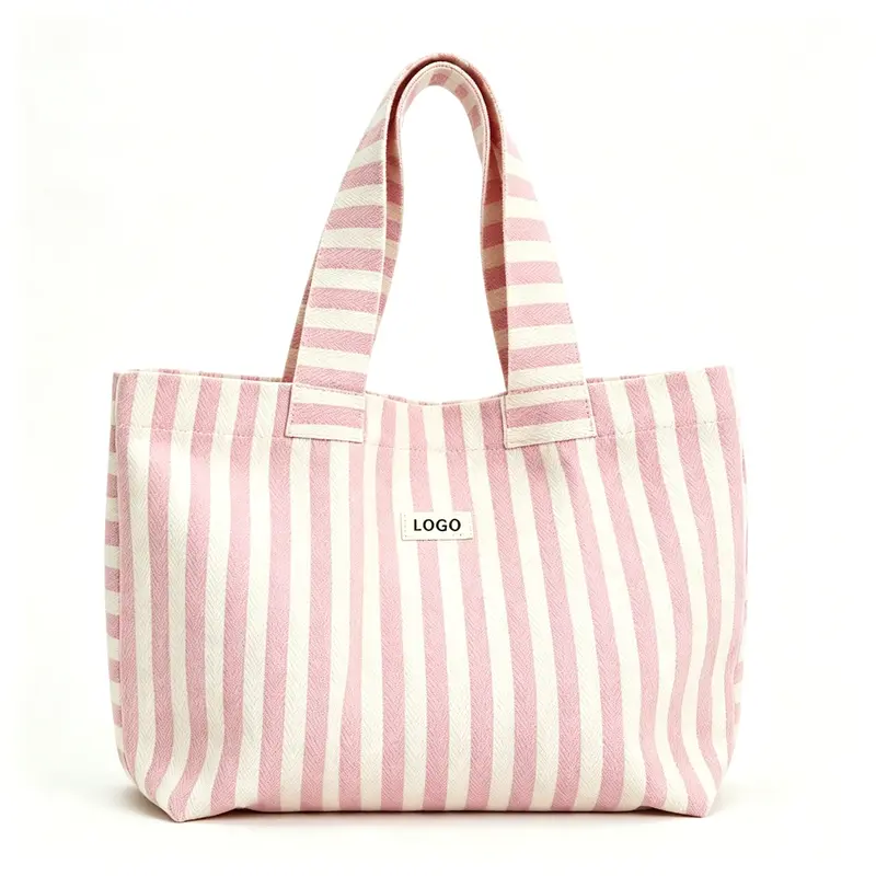 Wholesale Striped Herringbone Cotton Canvas Tote Bag, Custom Logo Reusable Eco S